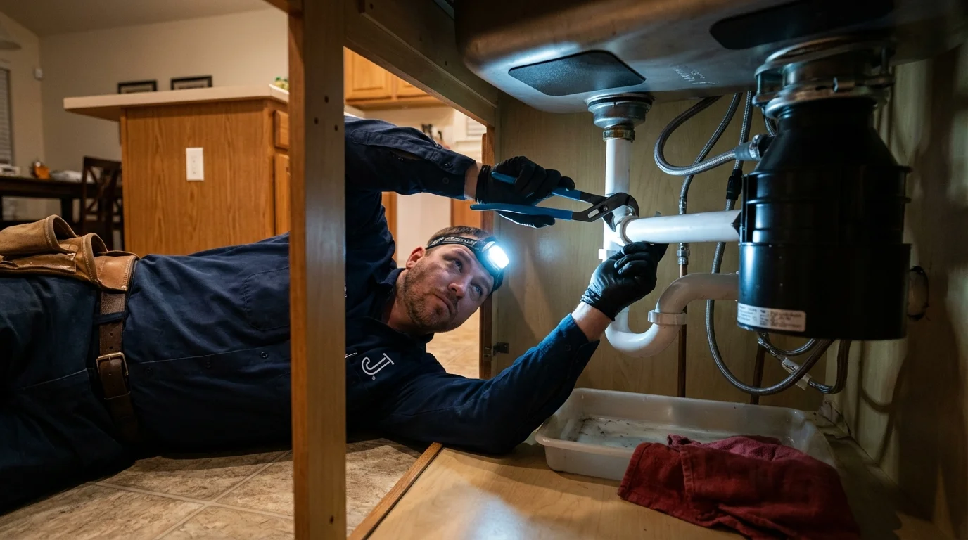 P-trap and supply line connections under a kitchen sink showing a common leak point in Morris, AL